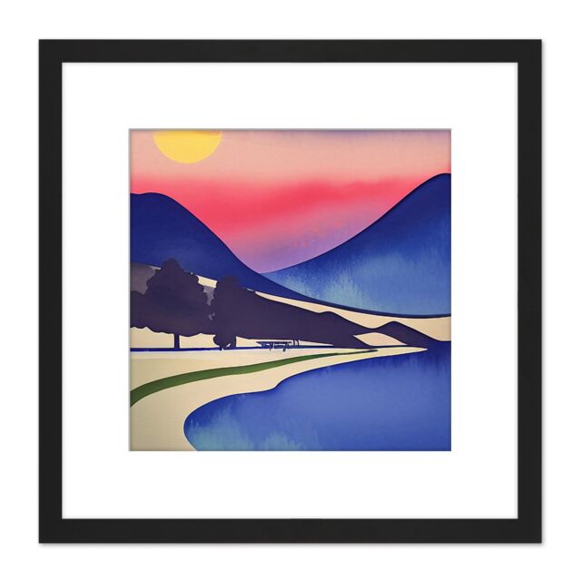 Artery8 Modern Sunset Pink Abstract Lake Windermere Watercolour Painting Square Wooden Framed Wall Art Print Picture 8X8 Inch in Black - image 1