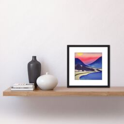 Artery8 Modern Sunset Pink Abstract Lake Windermere Watercolour Painting Square Wooden Framed Wall Art Print Picture 8X8 Inch in Black - thumbnail 2