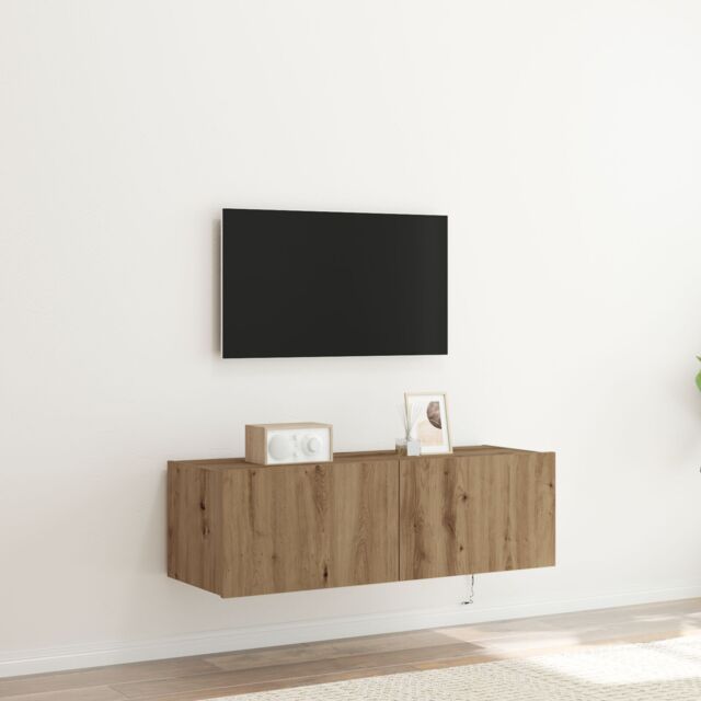 Berkfield Home TV Wall Cabinet with LED Lights Artisan Oak 100x35x31 cm in Brown - Size: 100 x 35 x 31 cm - image 1