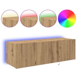 Berkfield Home TV Wall Cabinet with LED Lights Artisan Oak 100x35x31 cm in Brown - Size: 100 x 35 x 31 cm - thumbnail 4