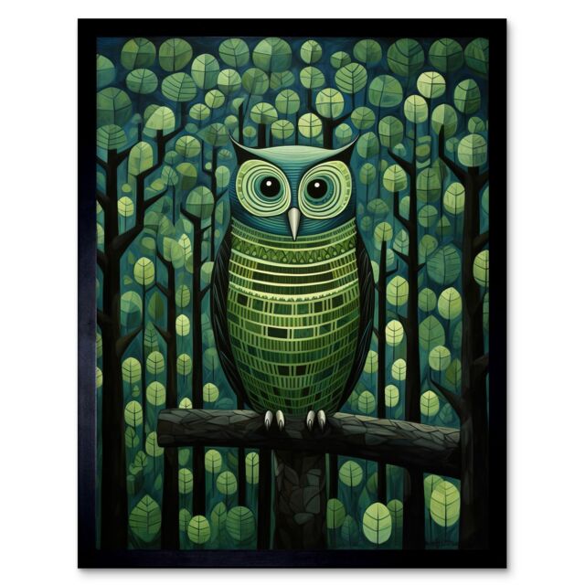 "Artery8 Wall Art Print Sage Green Owl Perched in Geometric Forest Night Dusk Art Framed in Black - Size: W12"" x H16""" - image 1