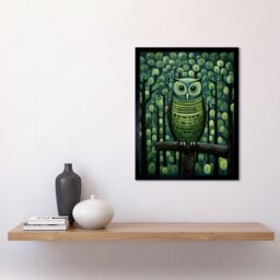 "Artery8 Wall Art Print Sage Green Owl Perched in Geometric Forest Night Dusk Art Framed in Black - Size: W12"" x H16""" - thumbnail 2