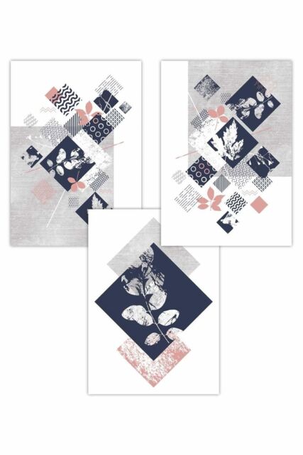 ARTZE Set of 3 Graphical Abstract Floral Blue Grey Art Posters in Navy - Size: W42 cm x H59 cm - image 1