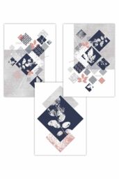 ARTZE Set of 3 Graphical Abstract Floral Blue Grey Art Posters in Navy - Size: W42 cm x H59 cm - thumbnail 1