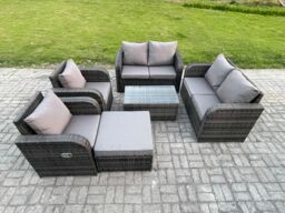 Fimous Rattan Garden Furniture Set Patio Outdoor Lounge Sofa Set with 2 Reclining Chairs Rectangular Coffee Table Big Footstool in Dark Grey - thumbnail 1