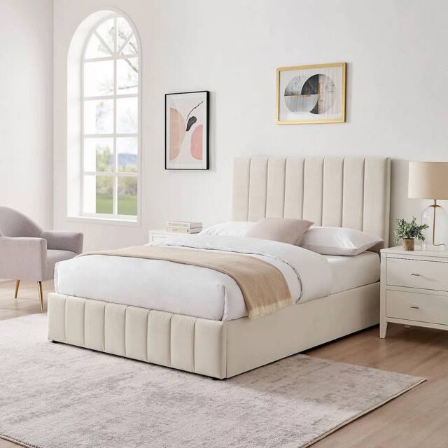 Modish Furnishing Leo Plush Cream Velvet Double 4ft 6 Ottoman Storage Bed - image 1