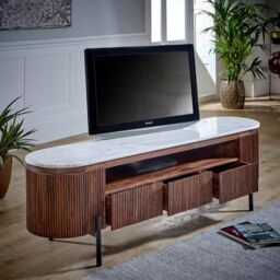 IH Design Tilden Mango Wood Large Tv Stand With Marble Top & Metal Legs in White - thumbnail 2