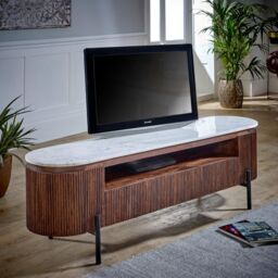 IH Design Tilden Mango Wood Large Tv Stand With Marble Top & Metal Legs in White