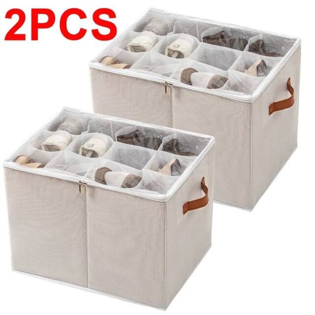 EONLION 2pc Foldable Shoe Storage Box for Closet Organiser in Beige - Size: 500mm - image 1