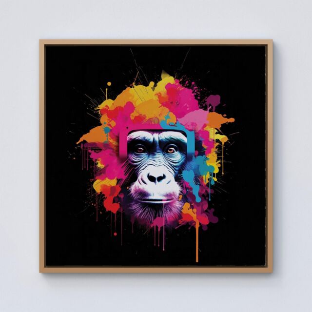 Warren Reed - Designer Multi Coloured Monkey Face Framed Canvas in Light Brown - Size: w40 inch x h40 inch - image 1