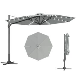 OUTSUNNY 3(m) Cantilever Parasol Patio Sun Umbrella w/ Base Solar Lights in Grey - thumbnail 2