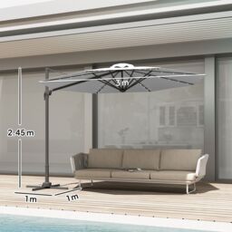 OUTSUNNY 3(m) Cantilever Parasol Patio Sun Umbrella w/ Base Solar Lights in Grey - thumbnail 3