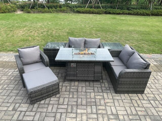 Fimous Rattan Garden Furniture Set with Gas Fire Pit Dining Table, 2 Side Tables & Big Footstool Indoor Outdoor 7 piece Loveseat Sofa set in Dark Grey - image 1