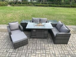 Fimous Rattan Garden Furniture Set with Gas Fire Pit Dining Table, 2 Side Tables & Big Footstool Indoor Outdoor 7 piece Loveseat Sofa set in Dark Grey - thumbnail 1