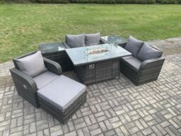 Fimous Rattan Garden Furniture Set with Gas Fire Pit Dining Table, 2 Side Tables & Big Footstool Indoor Outdoor 7 piece Loveseat Sofa set in Dark Grey - thumbnail 3