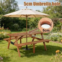 Kelvenix Wooden Picnic Table Set, 4 Seater Bench BBQ Outdoor Garden Deck in Brown - thumbnail 4