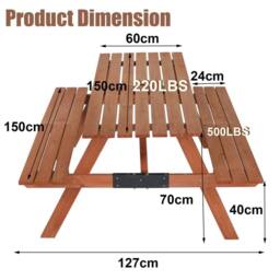 Kelvenix Wooden Picnic Table Set, 4 Seater Bench BBQ Outdoor Garden Deck in Brown - thumbnail 2