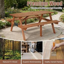 Kelvenix Wooden Picnic Table Set, 4 Seater Bench BBQ Outdoor Garden Deck in Brown - thumbnail 3