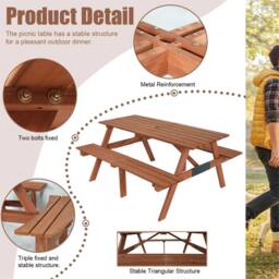 Kelvenix Wooden Picnic Table Set, 4 Seater Bench BBQ Outdoor Garden Deck in Brown - thumbnail 5