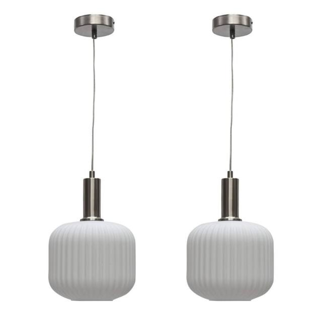 First Choice Lighting Set of 2 Bento - White Ribbed Glass Satin Nickel Deco Pendant Fittings - image 1
