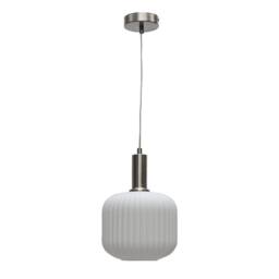 First Choice Lighting Set of 2 Bento - White Ribbed Glass Satin Nickel Deco Pendant Fittings - thumbnail 2