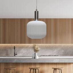 First Choice Lighting Set of 2 Bento - White Ribbed Glass Satin Nickel Deco Pendant Fittings - thumbnail 4