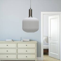 First Choice Lighting Set of 2 Bento - White Ribbed Glass Satin Nickel Deco Pendant Fittings - thumbnail 5