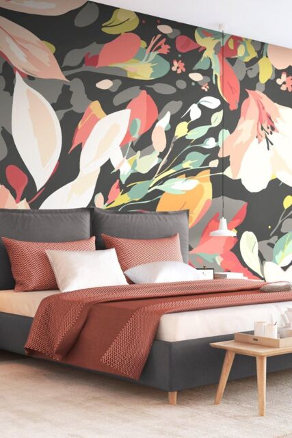Origin Murals Flowing Flowers Wall Mural in Black - Size: W300 cm x H240 cm - image 1