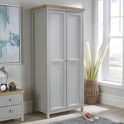 Home Source Wardrobe Grey Oak 2 Door Two Tone Wooden Hanging Rail Storage Shelves - thumbnail 1