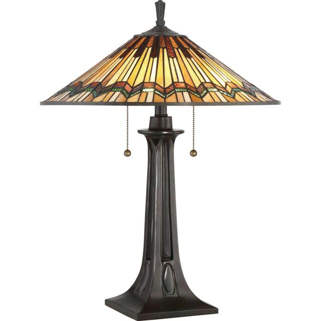 Loops 2 Bulb Twin Table Lamp Tiffany Style Coloured Glass Valiant Bronze LED E27 60W in Clear
