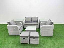 Fimous Light Grey PE Wicker Rattan Garden Furniture Set Sofa Set Reclining Adjustable Chair Square Coffee Table 6 Seater 2 Small Stools 2 Side Table - thumbnail 2