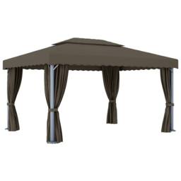 Berkfield Home Gazebo with Curtain&LED String Lights 4x3 m Taupe - thumbnail 7