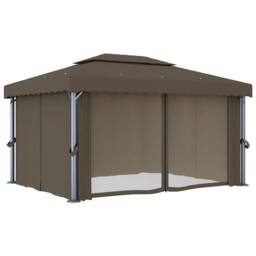 Berkfield Home Gazebo with Curtain&LED String Lights 4x3 m Taupe - thumbnail 5