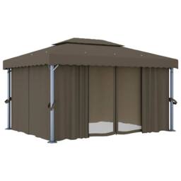 Berkfield Home Gazebo with Curtain&LED String Lights 4x3 m Taupe - thumbnail 4