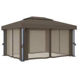 Berkfield Home Gazebo with Curtain&LED String Lights 4x3 m Taupe - thumbnail 6