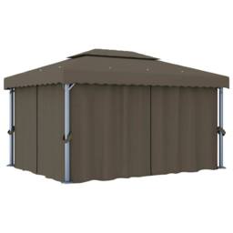 Berkfield Home Gazebo with Curtain&LED String Lights 4x3 m Taupe - thumbnail 1