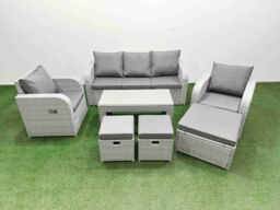 Fimous PE Rattan Garden Furniture Set Reclining Chair Sofa Lounge Sofa Set Rectangular Coffee Table 3 Stools Light Grey - thumbnail 1