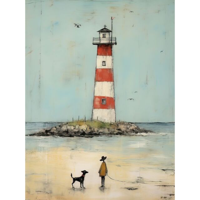"Artery8 Wall Art Print Lighthouse Pastel Colour Painting Bathroom Artwork Red Blue Ochre Boy & Pet Dog Beach Walk Poster - Size: W24"" x H32""" - image 1