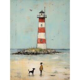 "Artery8 Wall Art Print Lighthouse Pastel Colour Painting Bathroom Artwork Red Blue Ochre Boy & Pet Dog Beach Walk Poster - Size: W24"" x H32""" - thumbnail 1