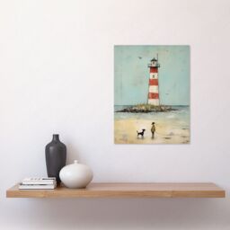 "Artery8 Wall Art Print Lighthouse Pastel Colour Painting Bathroom Artwork Red Blue Ochre Boy & Pet Dog Beach Walk Poster - Size: W24"" x H32""" - thumbnail 2