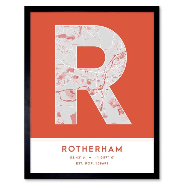 "Wee Blue Coo Wall Art Print Rotherham England United Kingdom City Map Modern Typography Stylish Letter Framed Word in Orange - Size: W12"" x H16""" - image 1