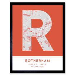 "Wee Blue Coo Wall Art Print Rotherham England United Kingdom City Map Modern Typography Stylish Letter Framed Word in Orange - Size: W12"" x H16""" - thumbnail 1