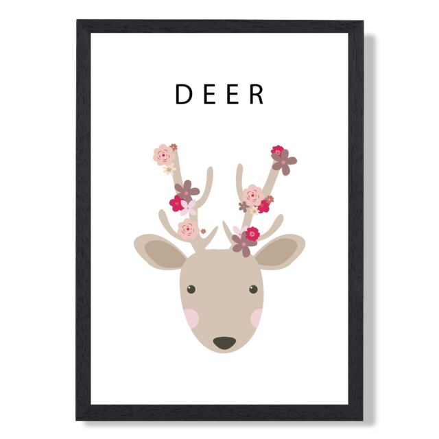 ARTZE Cute Pink Floral Deer Framed Print SIZE: A3 with Black Frame - image 1
