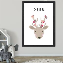 ARTZE Cute Pink Floral Deer Framed Print SIZE: A3 with Black Frame - thumbnail 2