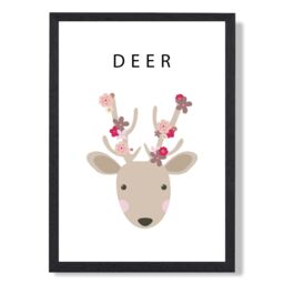 ARTZE Cute Pink Floral Deer Framed Print SIZE: A3 with Black Frame - thumbnail 1