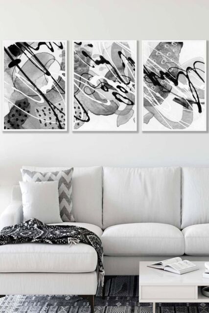ARTZE Set of 3 White Framed Abstract Watercolour in Black & Grey Wall Art in Dark Grey - Size: W33 cm x H45 cm x D20mm - image 1