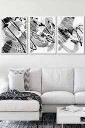 ARTZE Set of 3 White Framed Abstract Watercolour in Black & Grey Wall Art in Dark Grey - Size: W33 cm x H45 cm x D20mm - thumbnail 1
