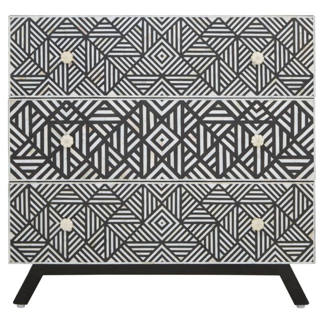 Orsina Bone Monochrome Chest of Drawers, Handcrafted Chest With Pearl Inlay, Geometric Storage Drawer, Black Drawer - image 1