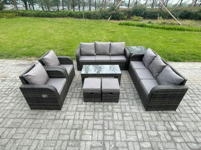 Fimous 10 Seater Wicker PE Rattan Sofa Set Outdoor Patio Garden Furniture with 2 Reclining Chairs Coffee Table Side Table 2 Small Footstools - image 1