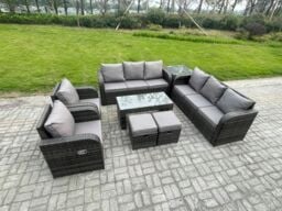 Fimous 10 Seater Wicker PE Rattan Sofa Set Outdoor Patio Garden Furniture with 2 Reclining Chairs Coffee Table Side Table 2 Small Footstools - thumbnail 2